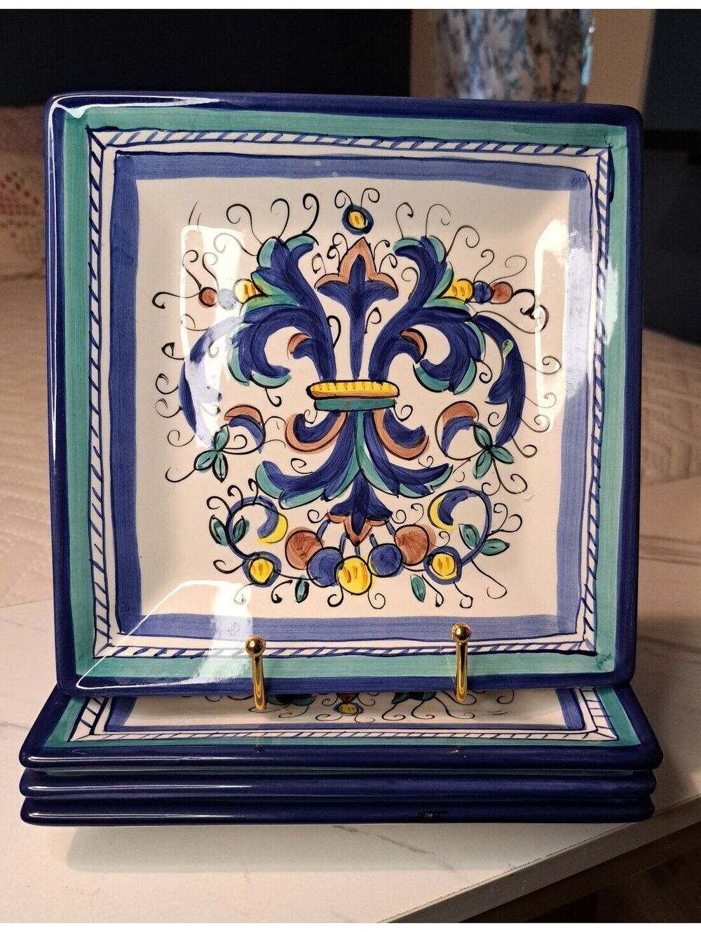 Vintage Set-4 Hand-Painted Florenza Tabletops Unlmtd Square Salad Plates 8 1/4"